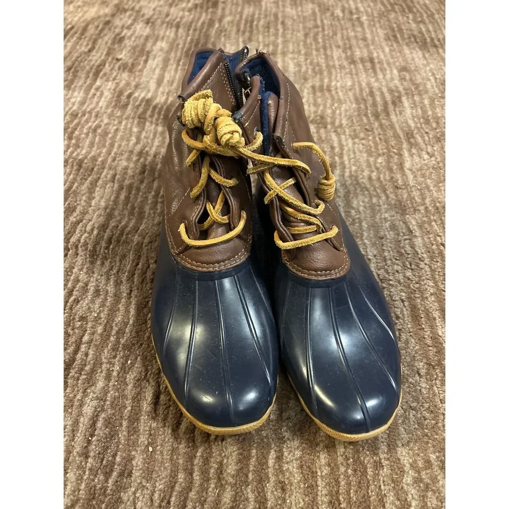 Sherry Saltwater Duck Boots Navy Blue‎ & Brown Leather Waterproof Winter Rain 5M